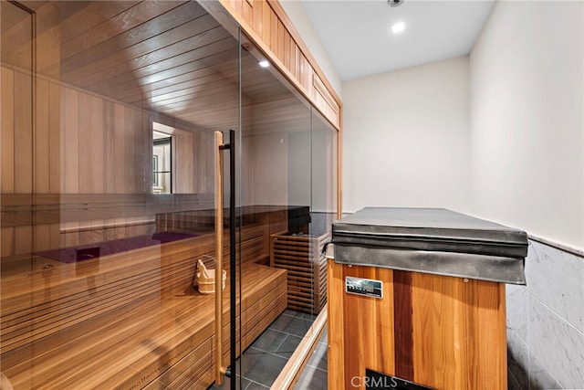 view of sauna with tile patterned flooring