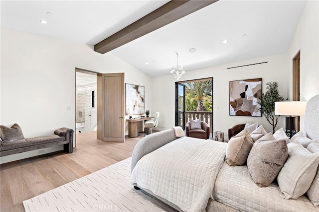 bedroom featuring access to exterior, vaulted ceiling with beams, light wood-style floors, and recessed lighting