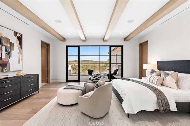 bedroom with access to exterior, beamed ceiling, recessed lighting, and light wood-type flooring