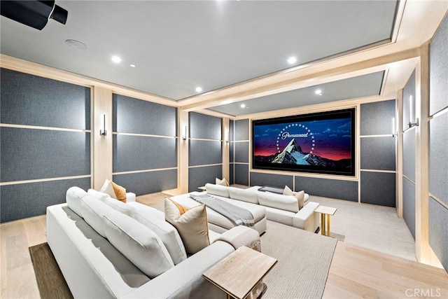 cinema featuring recessed lighting and wood finished floors