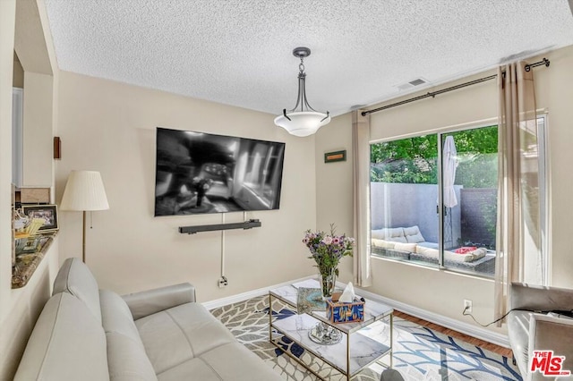 living room featuring hardwood / wood-style floors and a textured ceiling