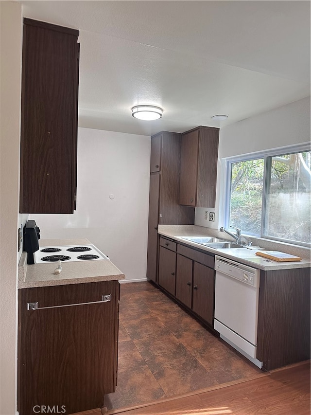 kitchen featuring sink, dark brown cabinets, dark hardwood / wood-style floors, and white appliances