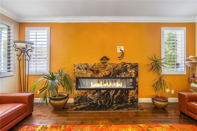 sitting room featuring a high end fireplace, hardwood / wood-style flooring, a wealth of natural light, and ornamental molding