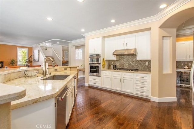 kitchen featuring sink, ornamental molding, dark wood-type flooring, and stainless steel appliances