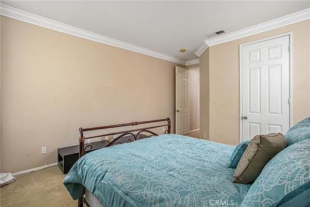 bedroom featuring carpet flooring and ornamental molding