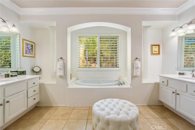 bathroom with ornamental molding, tile patterned floors, and a healthy amount of sunlight