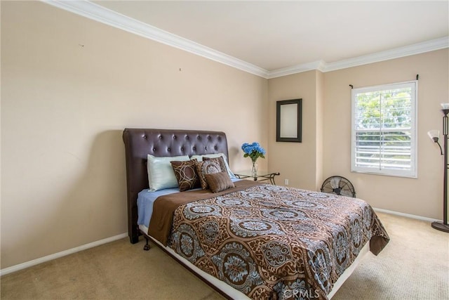 carpeted bedroom featuring ornamental molding