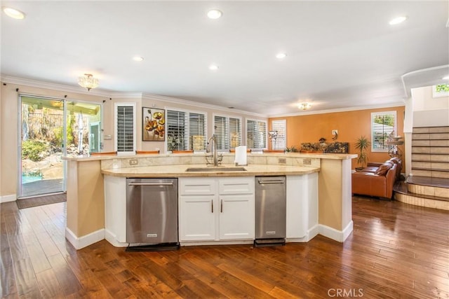 kitchen with white cabinets, dark hardwood / wood-style floors, dishwasher, and sink