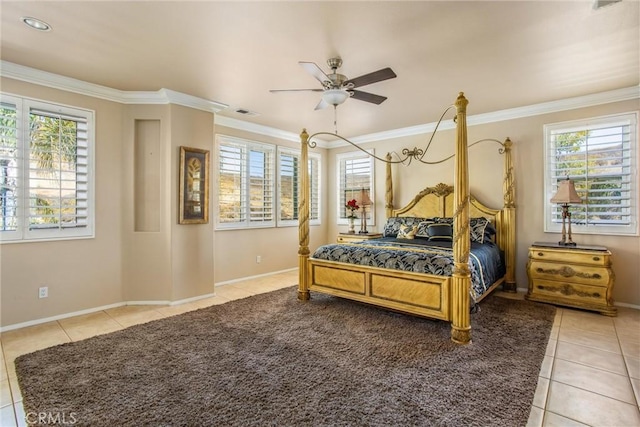 tiled bedroom featuring ceiling fan and ornamental molding