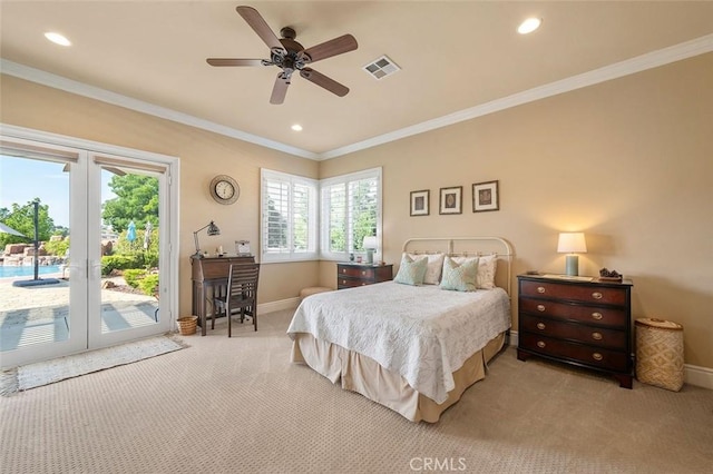 carpeted bedroom featuring ceiling fan, crown molding, and access to outside