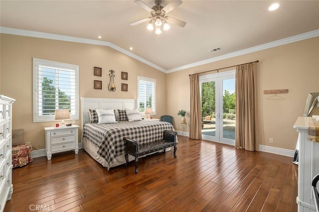 bedroom featuring ceiling fan, access to exterior, dark wood-type flooring, and crown molding