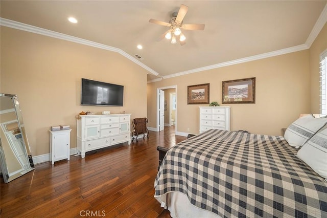 bedroom with vaulted ceiling, crown molding, ceiling fan, and dark wood-type flooring