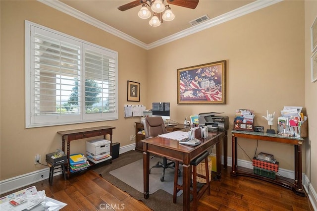 office area featuring dark hardwood / wood-style flooring, ceiling fan, and ornamental molding