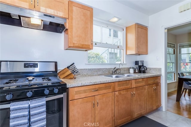 kitchen with sink, light stone countertops, light hardwood / wood-style flooring, and stainless steel gas range oven