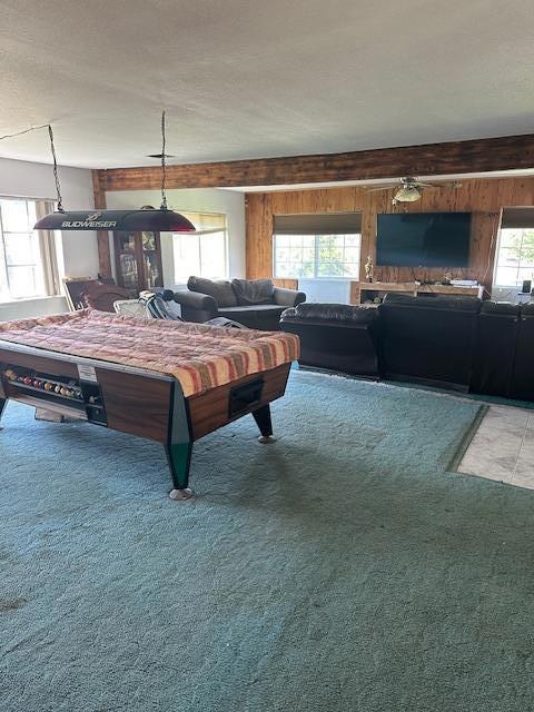 recreation room featuring carpet floors and wooden walls