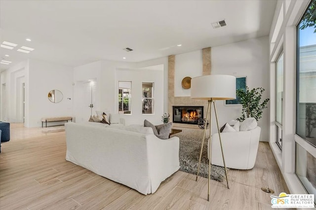 living room with a fireplace and light hardwood / wood-style flooring