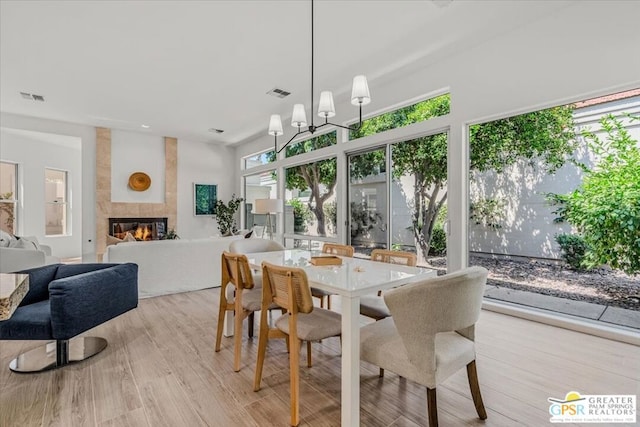 dining room featuring light hardwood / wood-style floors, an inviting chandelier, plenty of natural light, and a tiled fireplace