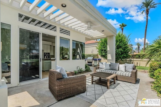 view of patio / terrace with a grill, ceiling fan, and an outdoor living space