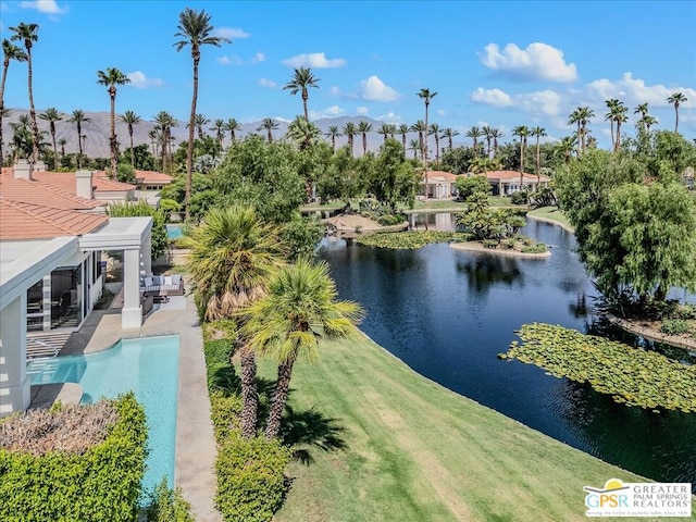 drone / aerial view featuring a water view