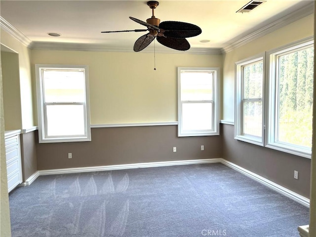 carpeted empty room featuring a healthy amount of sunlight and crown molding