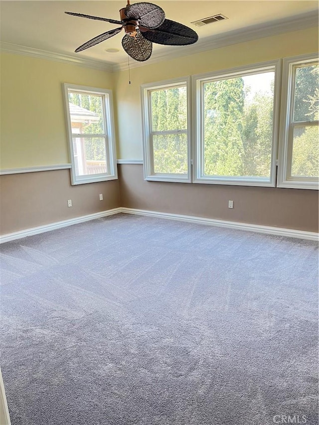 carpeted spare room with ceiling fan and crown molding