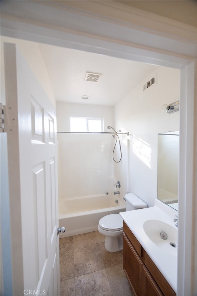 full bathroom featuring vanity, shower / tub combination, toilet, and tile patterned flooring