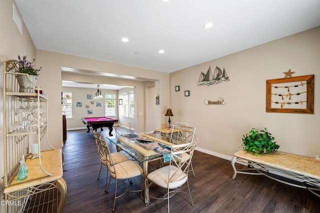 dining room featuring dark wood-type flooring and billiards