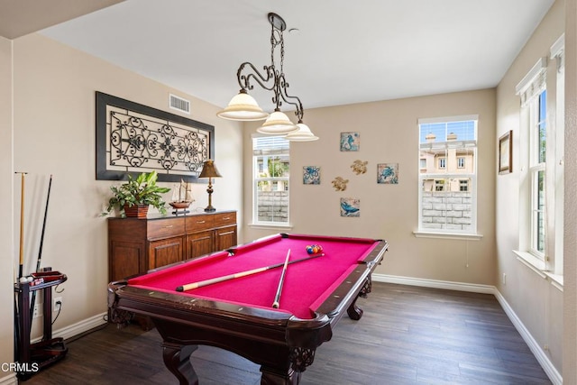 game room featuring dark hardwood / wood-style floors, plenty of natural light, and pool table