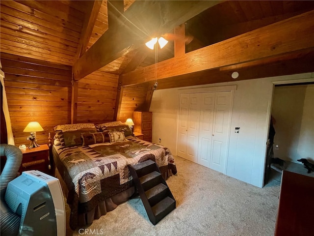 carpeted bedroom with lofted ceiling with beams, wood walls, and wooden ceiling