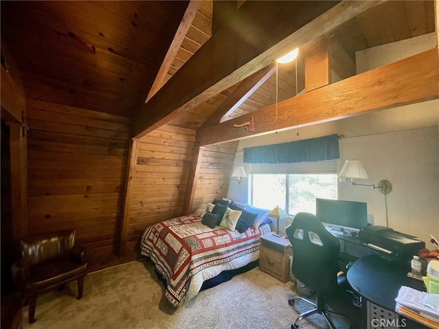 bedroom featuring wood walls, carpet, wooden ceiling, and vaulted ceiling with beams