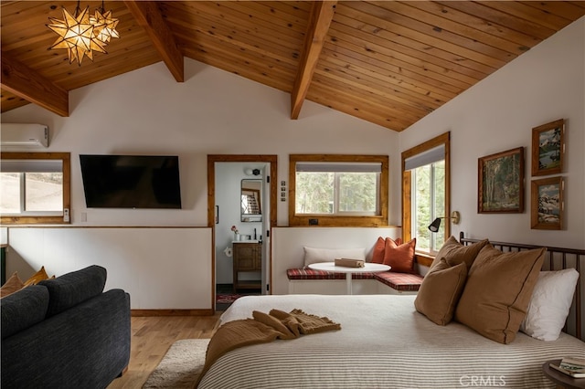 bedroom with light hardwood / wood-style floors, connected bathroom, wooden ceiling, beam ceiling, and a wall unit AC