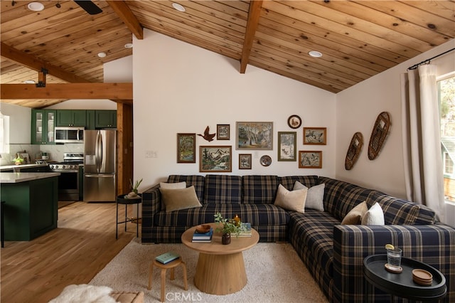 living room with ceiling fan, wood ceiling, lofted ceiling with beams, and light hardwood / wood-style floors