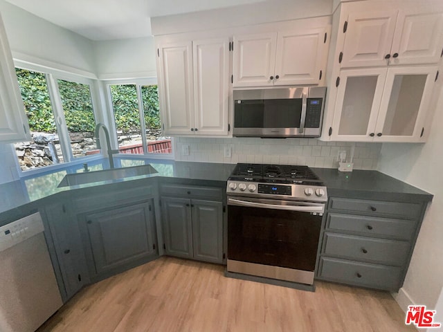 kitchen featuring white cabinetry, sink, tasteful backsplash, light hardwood / wood-style flooring, and appliances with stainless steel finishes