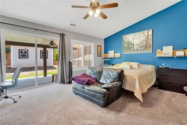 carpeted bedroom with access to exterior, ceiling fan, and lofted ceiling