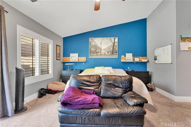 carpeted bedroom featuring ceiling fan and lofted ceiling