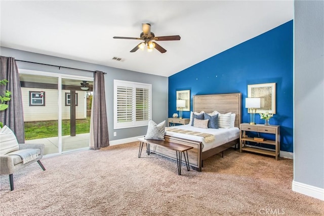bedroom featuring access to outside, carpet, visible vents, and baseboards