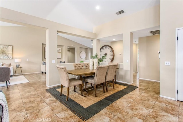 dining area featuring recessed lighting, visible vents, baseboards, and vaulted ceiling