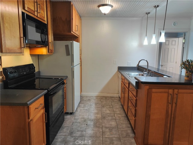 kitchen with decorative light fixtures, tile patterned floors, black appliances, crown molding, and kitchen peninsula