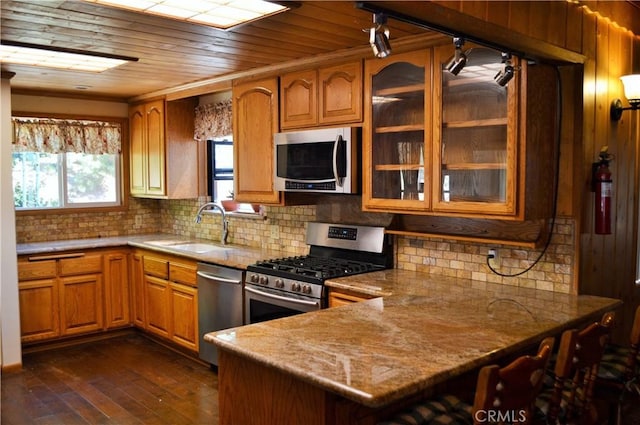 kitchen with sink, stainless steel appliances, tasteful backsplash, dark hardwood / wood-style floors, and kitchen peninsula