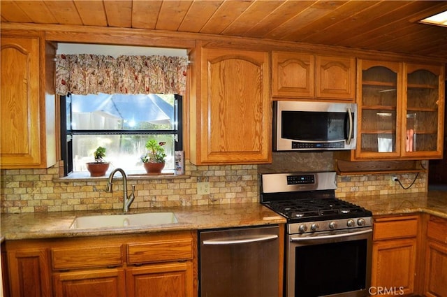 kitchen featuring tasteful backsplash, sink, wood ceiling, and appliances with stainless steel finishes