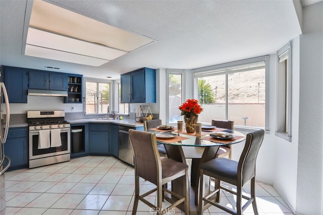 kitchen with blue cabinetry, light tile patterned floors, and stainless steel appliances