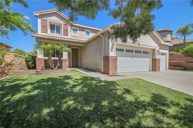 view of front of property featuring a garage and a front lawn