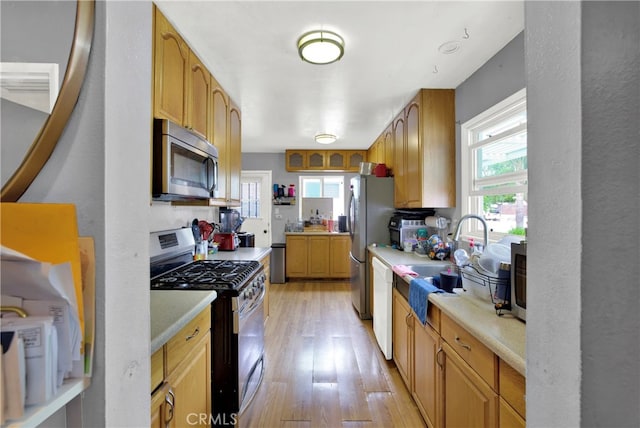 kitchen with sink, stainless steel appliances, and light wood-type flooring