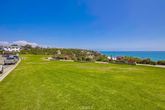 view of community featuring a lawn and a water view