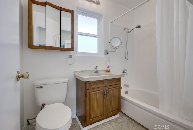 full bathroom featuring toilet, vanity, and shower / bath combination with curtain