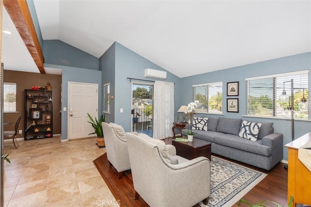 living room featuring a wall mounted air conditioner and vaulted ceiling