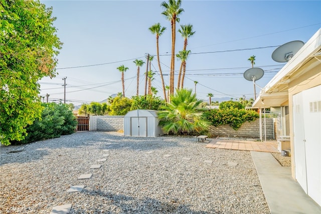 view of yard with a patio area and a storage unit