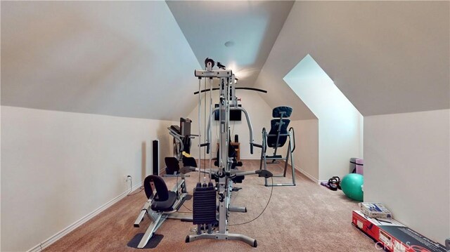 919 Venus Way, Crestline, CA 92325 - workout area featuring vaulted ceiling, baseboards, and light colored carpet