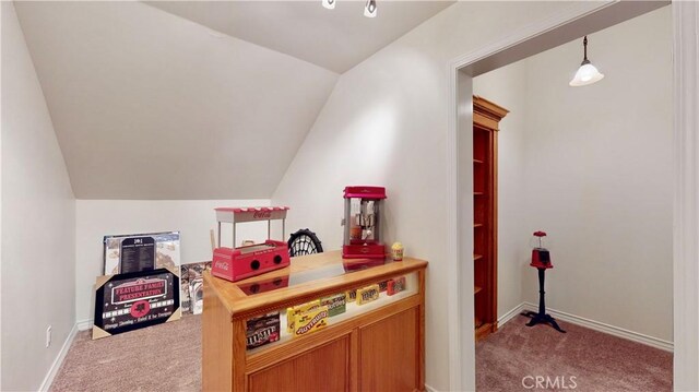 919 Venus Way, Crestline, CA 92325 - game room with lofted ceiling, baseboards, and carpet flooring