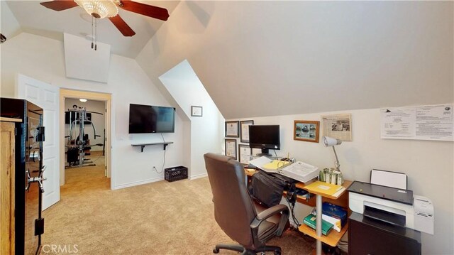 919 Venus Way, Crestline, CA 92325 - home office with light carpet, ceiling fan, lofted ceiling, and baseboards